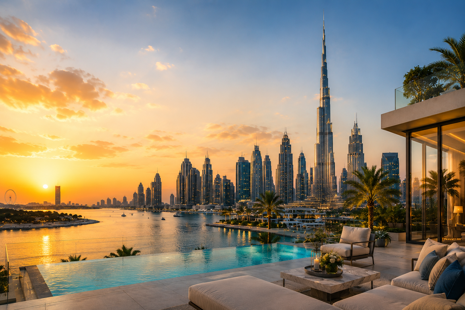 Sunset skyline view over Dubai Marina from a waterfront penthouse terrace